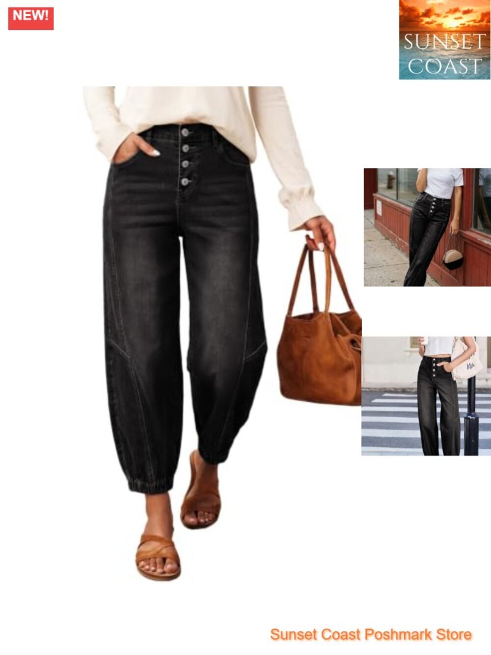 Wide Leg Harem Jeans for Women Baggy Denim Pants with Pockets Button Front High